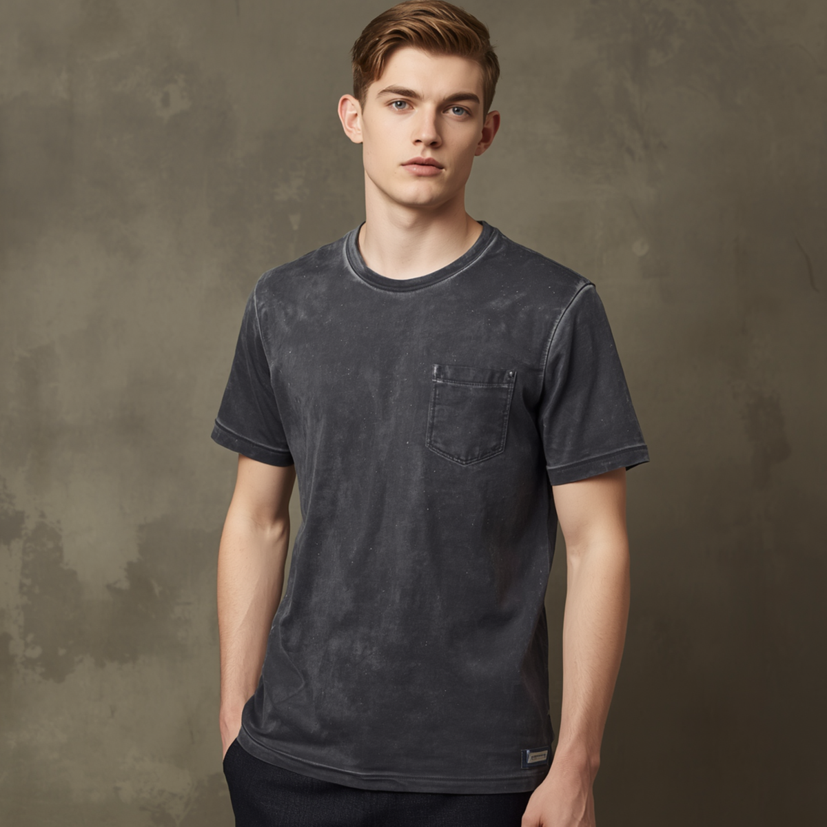 Mann trägt ein dunkles T-Shirt mit Waschung, Brusttasche, Rundhalsausschnitt und kurzen Ärmeln vor einem strukturierten grauen Hintergrund.