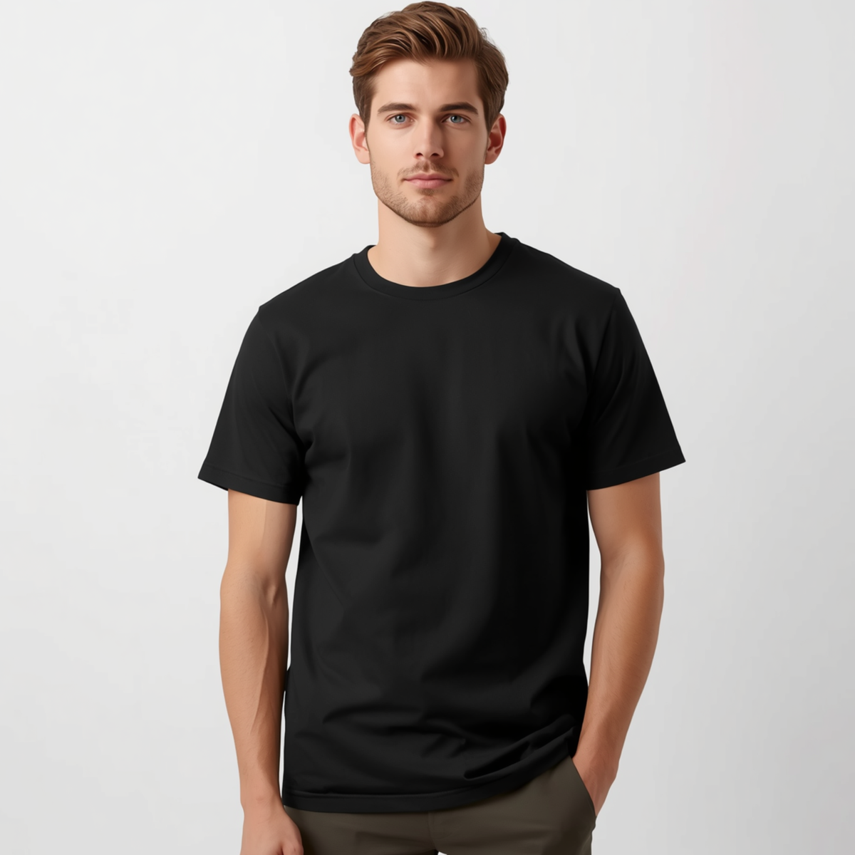 Mann trägt ein klassisches schwarzes T-Shirt mit Rundhalsausschnitt und kurzen Ärmeln vor einem hellen Hintergrund.
