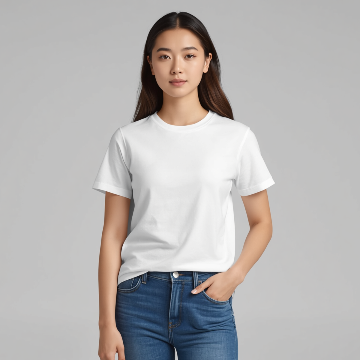 Frau trägt ein klassisches weißes T-Shirt mit Rundhalsausschnitt und kurzen Ärmeln zu blauen Jeans vor einem hellgrauen Hintergrund.