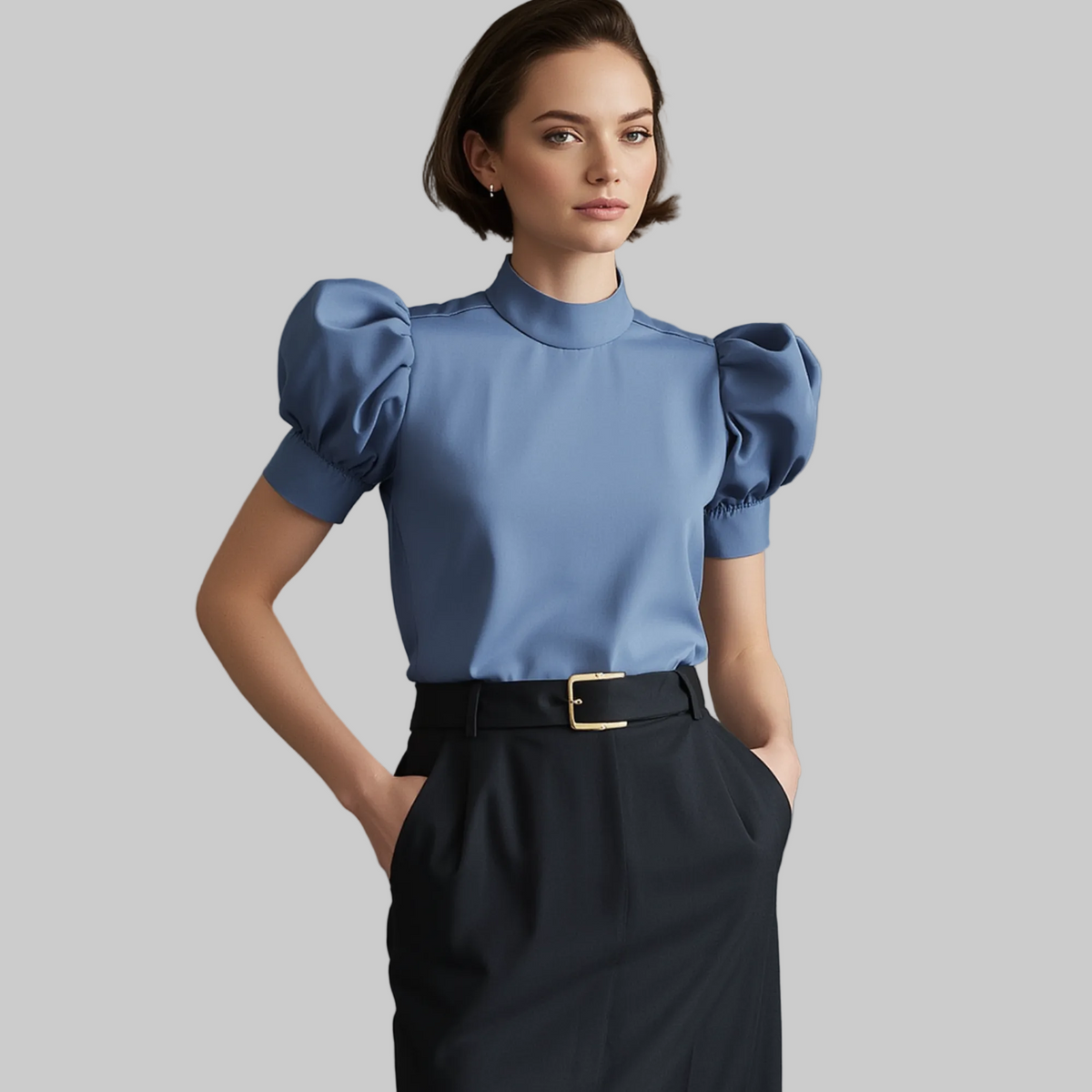 Frau trägt eine blaue Bluse mit Stehkragen, kurzen Puffärmeln und dunklen Hosen vor einem blauen Hintergrund.