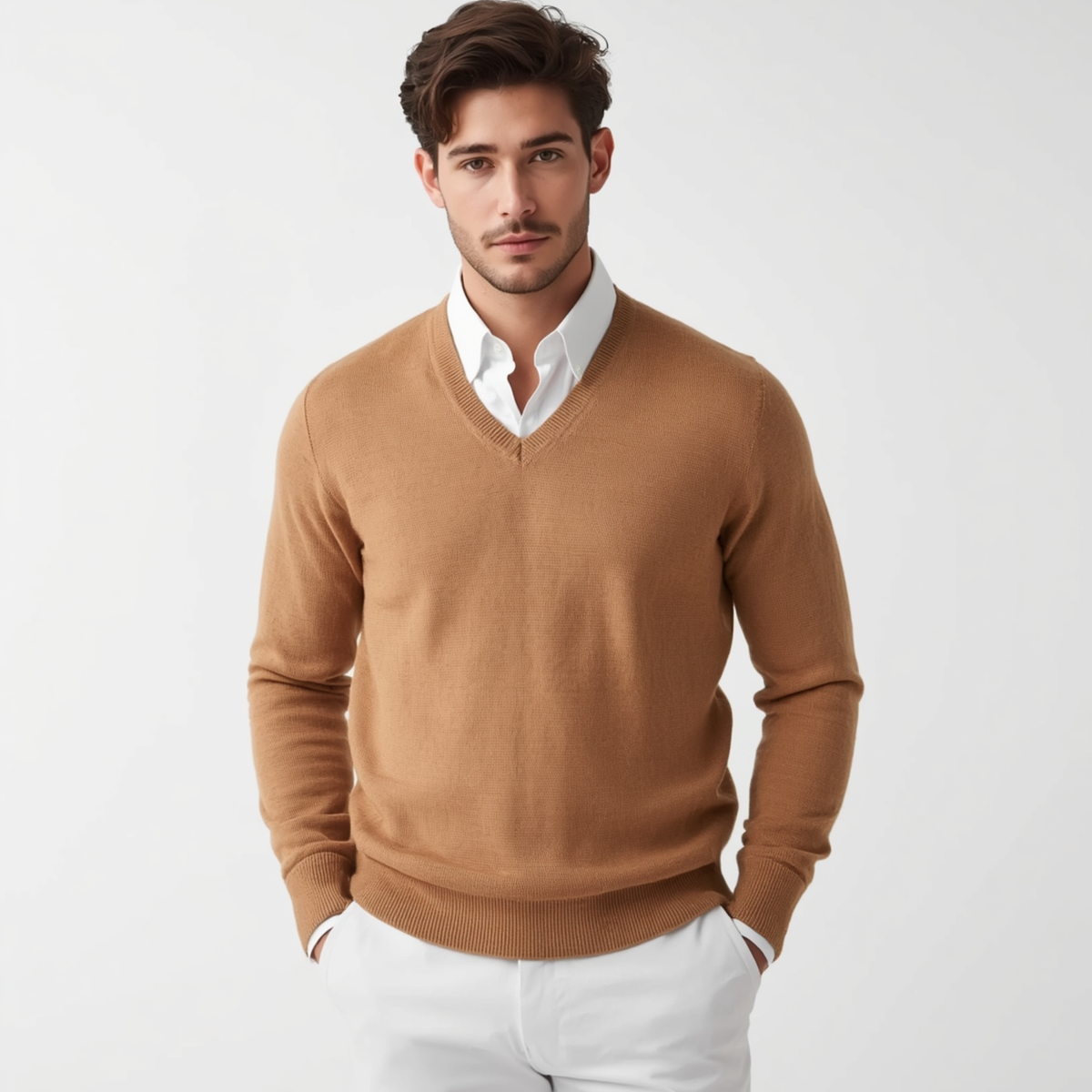 Mann trägt einen braunen Pullover mit V-Ausschnitt, langen Ärmeln und Bündchen über einem Hemd vor hellem Hintergrund.