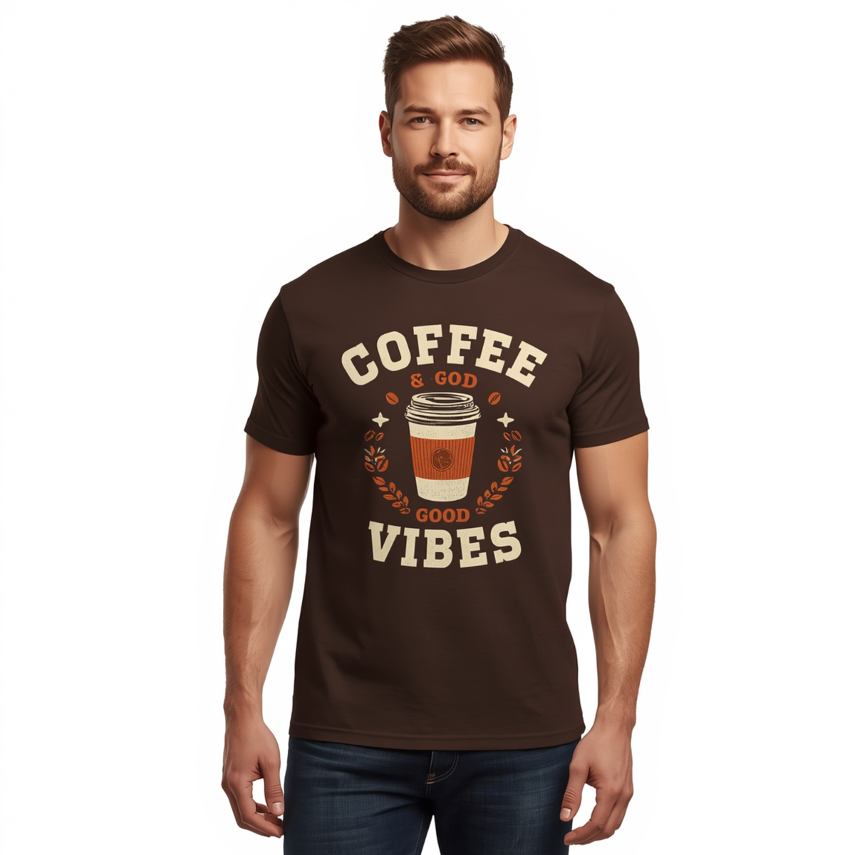Mann trägt ein braunes T-Shirt mit einer "Coffee & God Good Vibes" Kaffeebecher-Grafik, Rundhalsausschnitt und kurzen Ärmeln zu blauen Jeans.