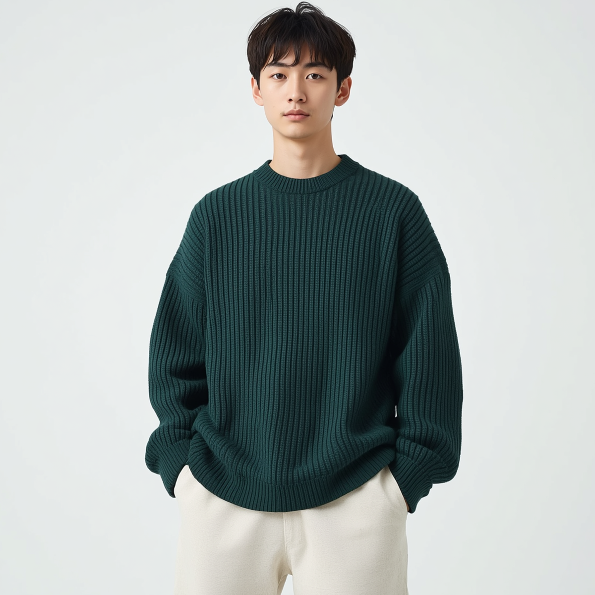 Mann trägt einen dunkelgrünen Pullover mit Rippstrickstruktur, Rundhalsausschnitt und langen Ärmeln zu hellen Hosen vor hellem Hintergrund.