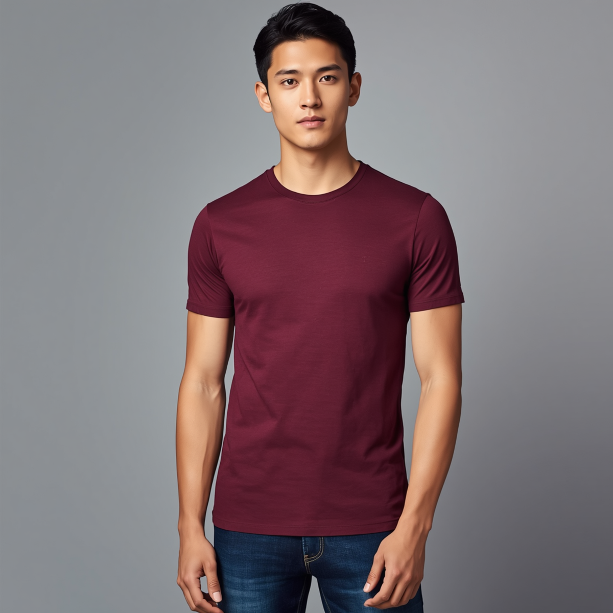 Mann trägt ein klassisches burgunderrotes T-Shirt mit Rundhalsausschnitt und kurzen Ärmeln zu blauen Jeans vor einem grauen Hintergrund.