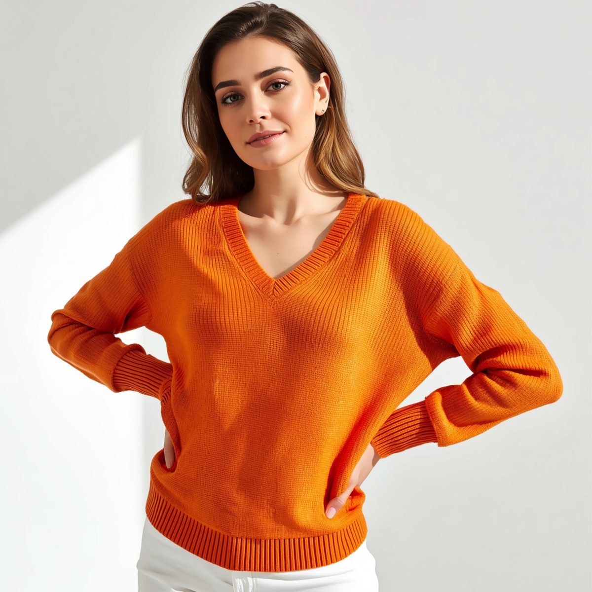 Frau trägt einen orangen Pullover mit V-Ausschnitt, langen Ärmeln und Rippstrickbündchen zu hellen Hosen vor weißem Hintergrund.