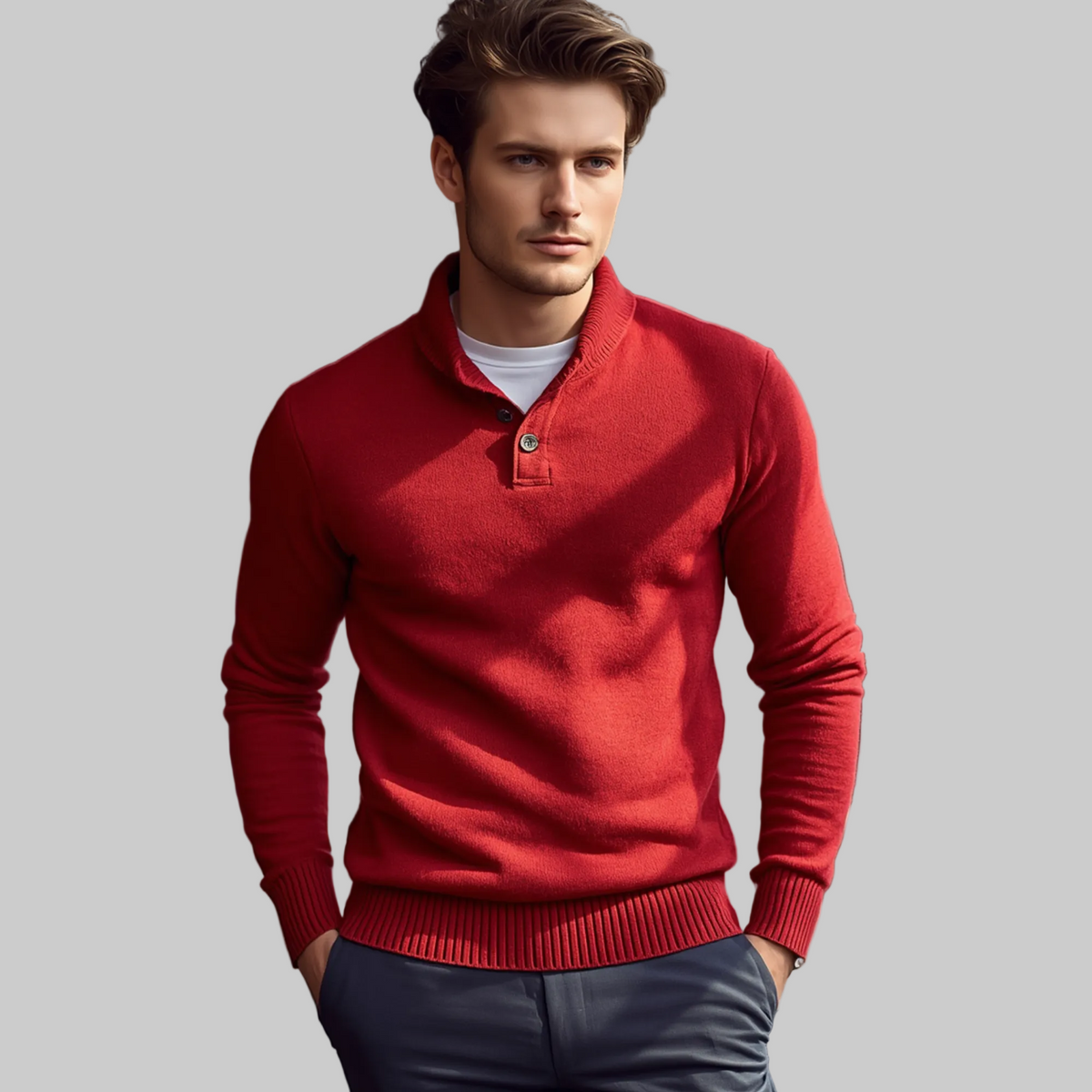 Mann trägt einen roten Pullover mit Stehkragen, Knopfleiste und langen Ärmeln zu dunklen Hosen in einem Café.