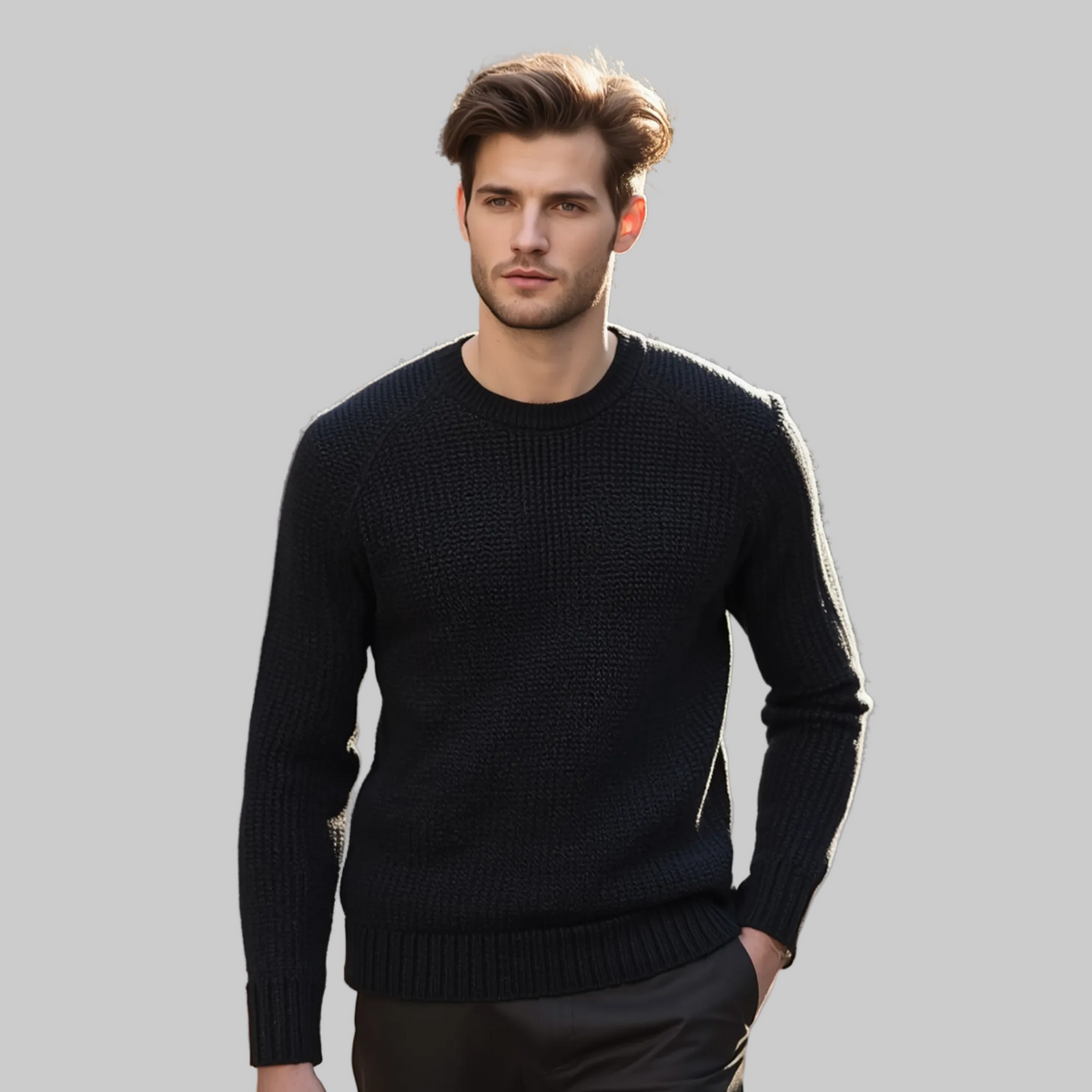 Mann trägt einen schwarzen Pullover mit feiner Struktur, Rundhalsausschnitt und langen Ärmeln zu dunklen Hosen auf einer Straße.
