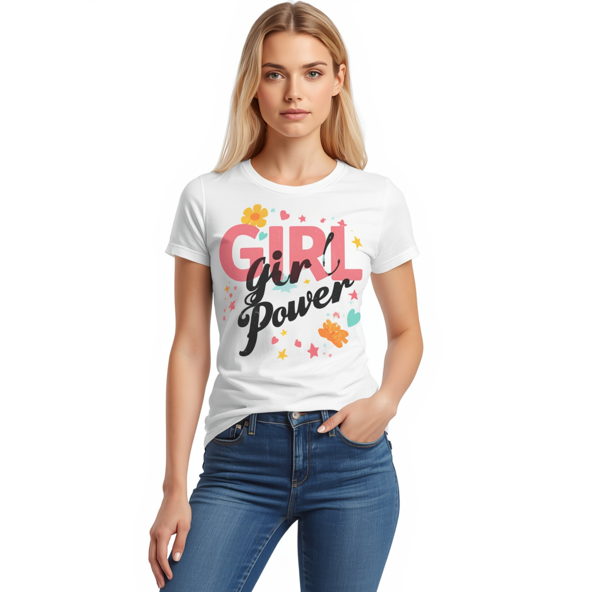 Frau trägt ein weißes T-Shirt mit buntem "Girl Power" Schriftzug, Rundhalsausschnitt und kurzen Ärmeln zu blauen Jeans.